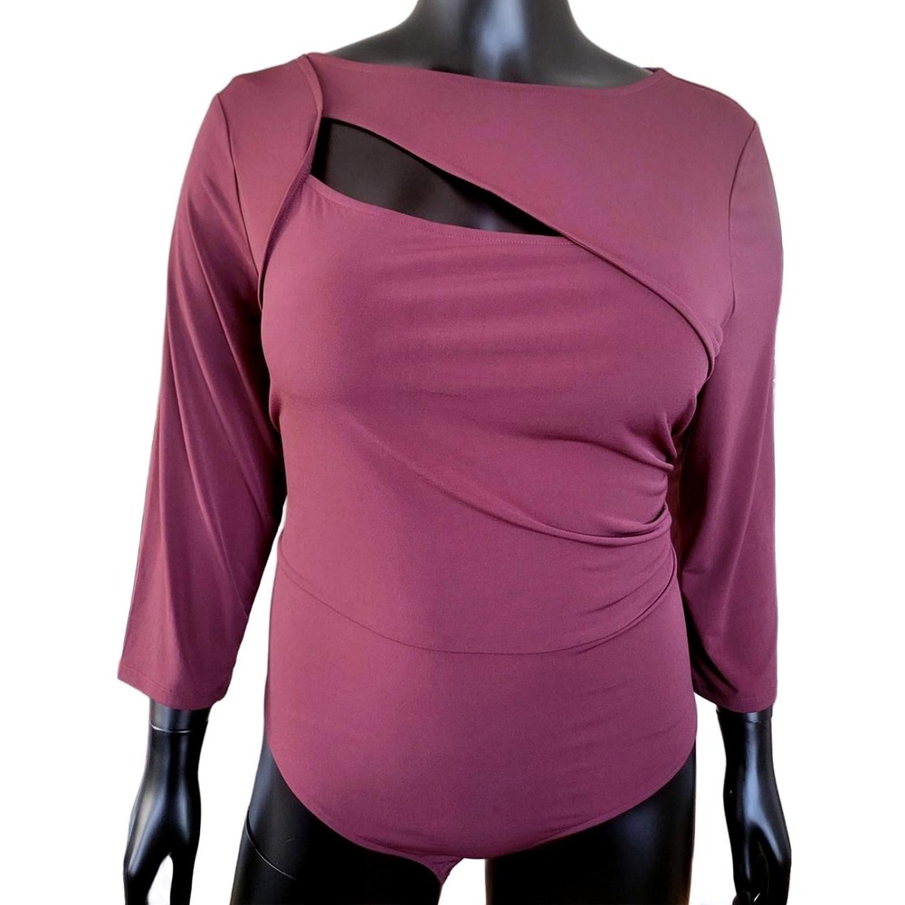 NEW Lane Bryant Burgundy Fitted 3/4-Sleeve Asymmetrical Cutout Bodysuit 22/24